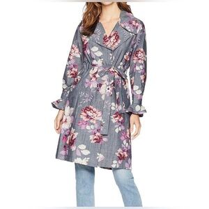 Jill Stuart Nina Gray Floral Trench Coat Ruffle Cuffs Size Small